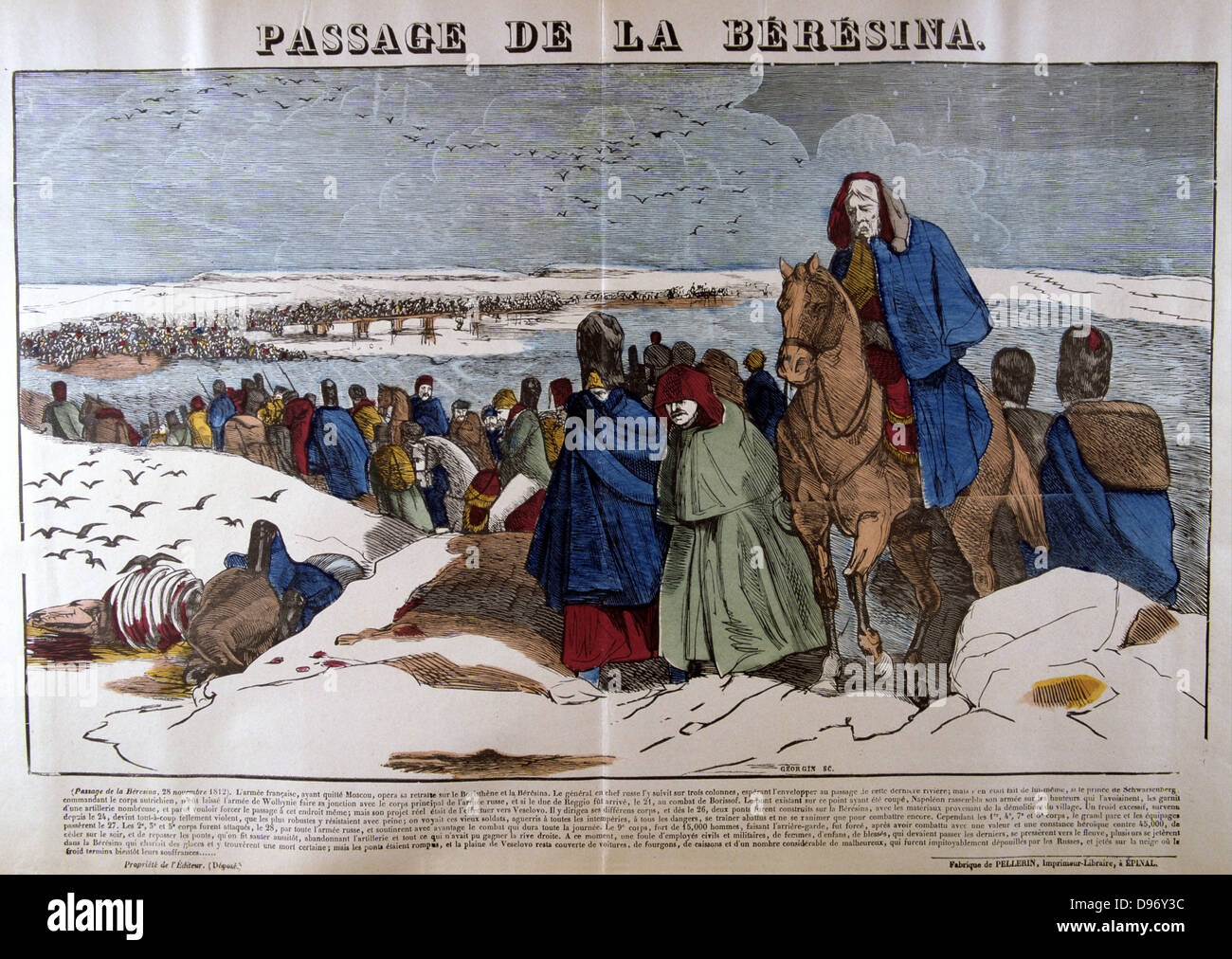 Napoleon's Grande Armee retreating from Russia across the Beresina, 26-28 November 1812. 19th French popular hand-coloured woodcut. Stock Photo