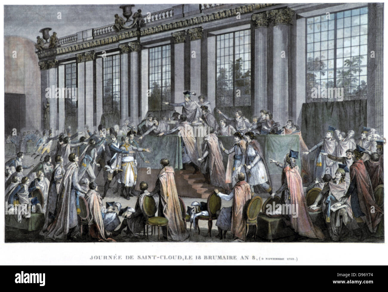 French Revolution of 1789: Coup d'etat of 9 November 1799, the day Napoleon Bonaparte overthrew the Directoire. Hand-coloured engraving. Stock Photo