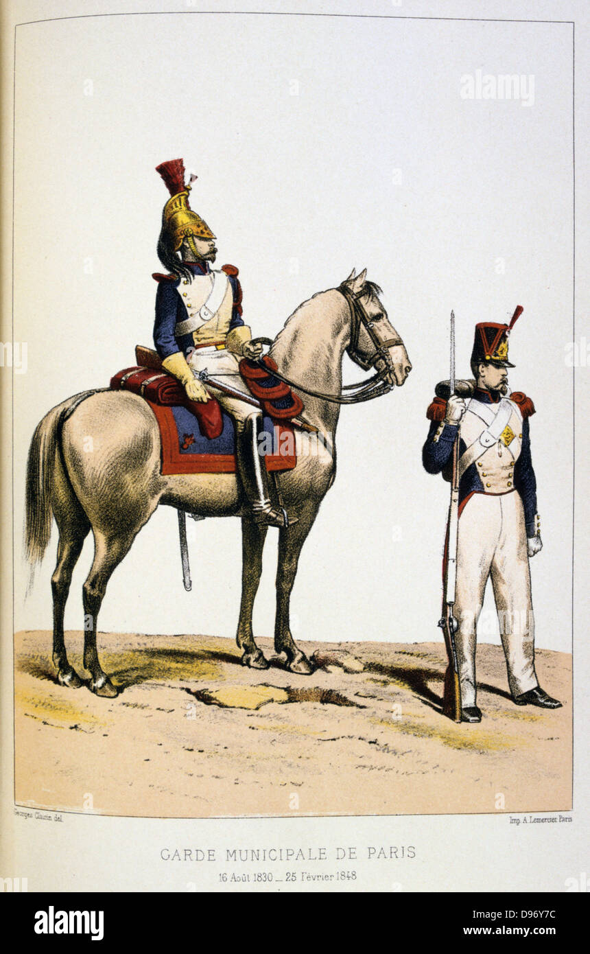 Mounted Municipal guard and Rifleman, 1830-1848. . 'From Histoire des corps de troupes de la ville de Paris' by Francois Cudet, Paris, 1897. Chromolithograph. Stock Photo