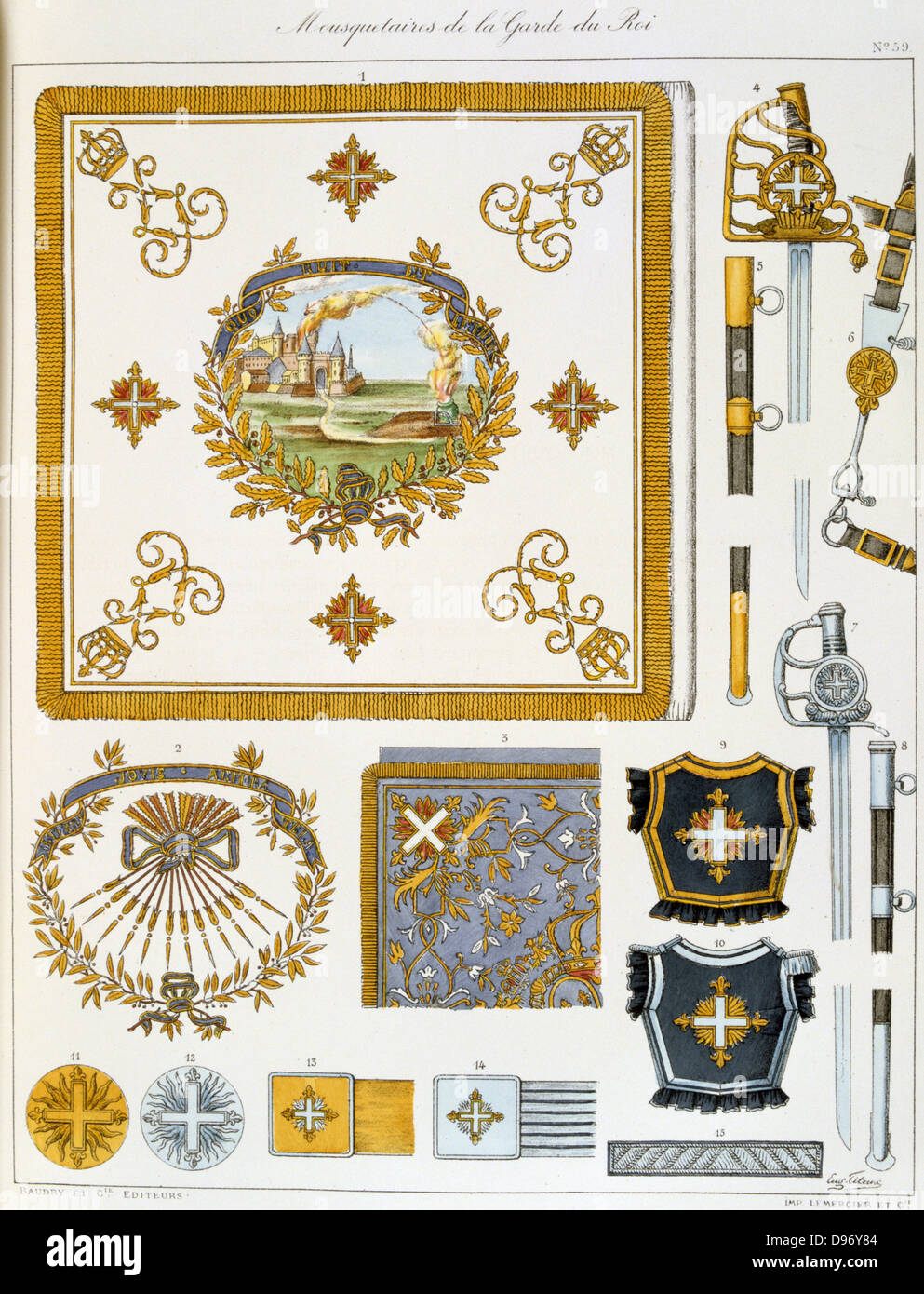 French military accoutrements including sword of the royal guard. From
