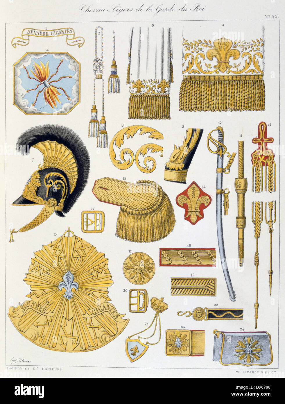 French military accoutrements including sword of the royal guard. From