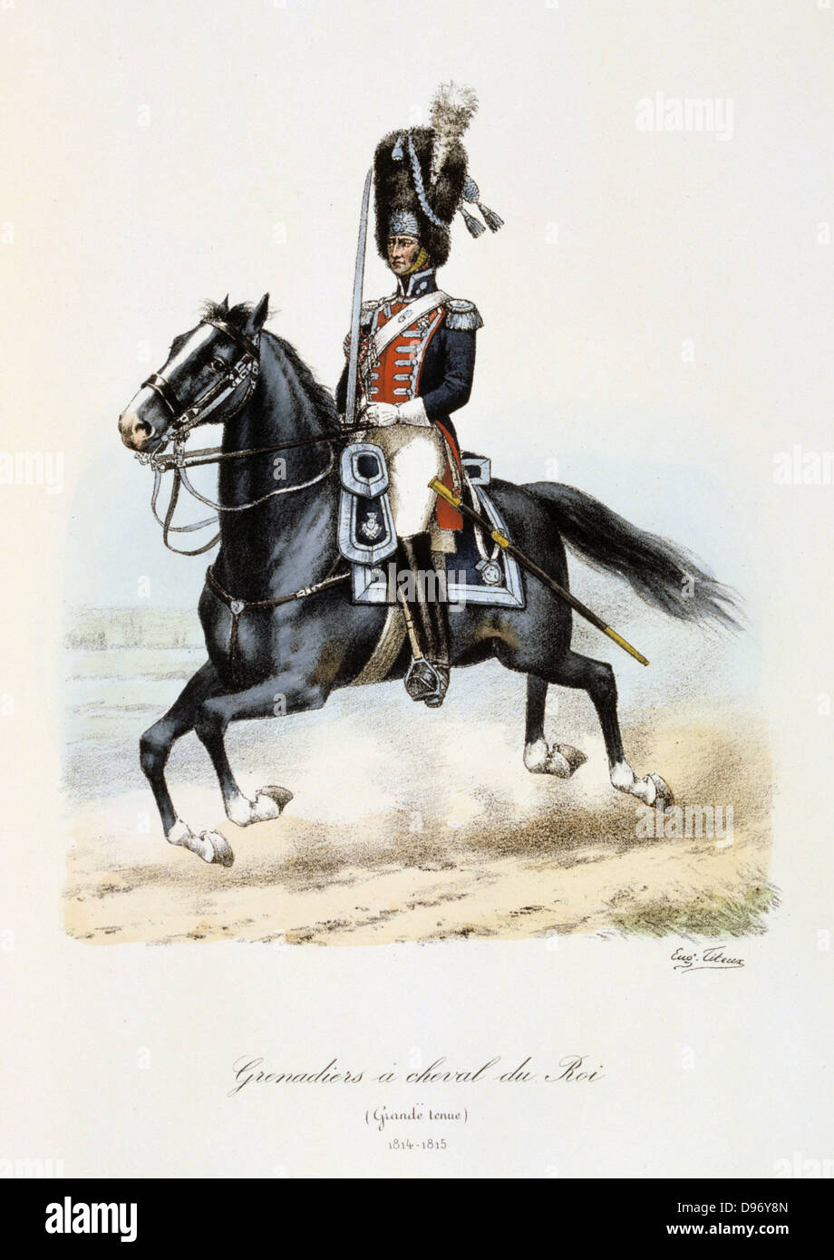 Royal Mounted Black Grenadier, 1814-1815. From 'Histoire de la maison militaire du Roi de 1814 a 1830' by Eugene Titeux, Paris, 1890. Stock Photo