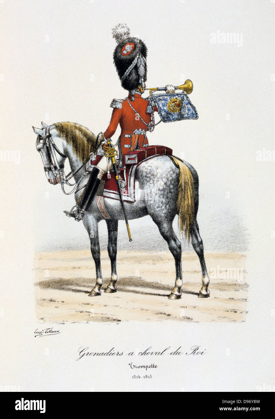 Trumpeter of the King's Mounted Grenadiers, 1814-1815. From 'Histoire de la maison militaire du Roi de 1814 a 1830' by Eugene Titeux, Paris, 1890. Stock Photo