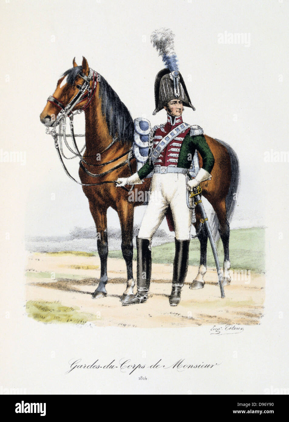 Mounted officer Royal of the bodyguard of the heir to the throne, 1814. From 'Histoire de la maison militaire du Roi de 1814 a 1830' by Eugene Titeux, Paris, 1890. Stock Photo