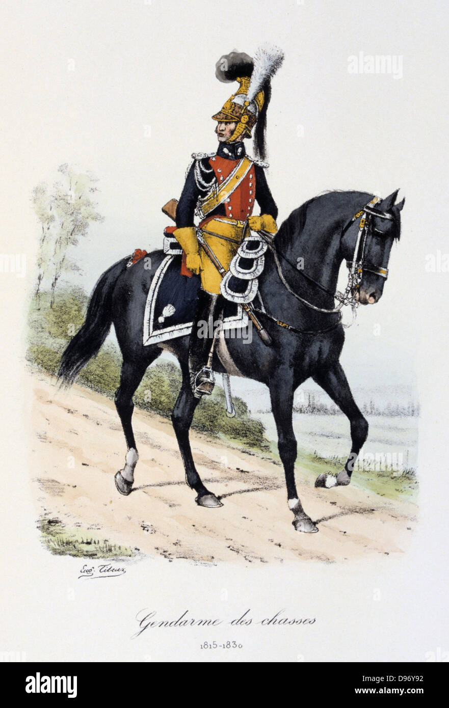 Mounted Military Gendarme, 1815-1830. From 'Histoire de la maison militaire du Roi de 1814 a 1830' by Eugene Titeux, Paris, 1890. Stock Photo