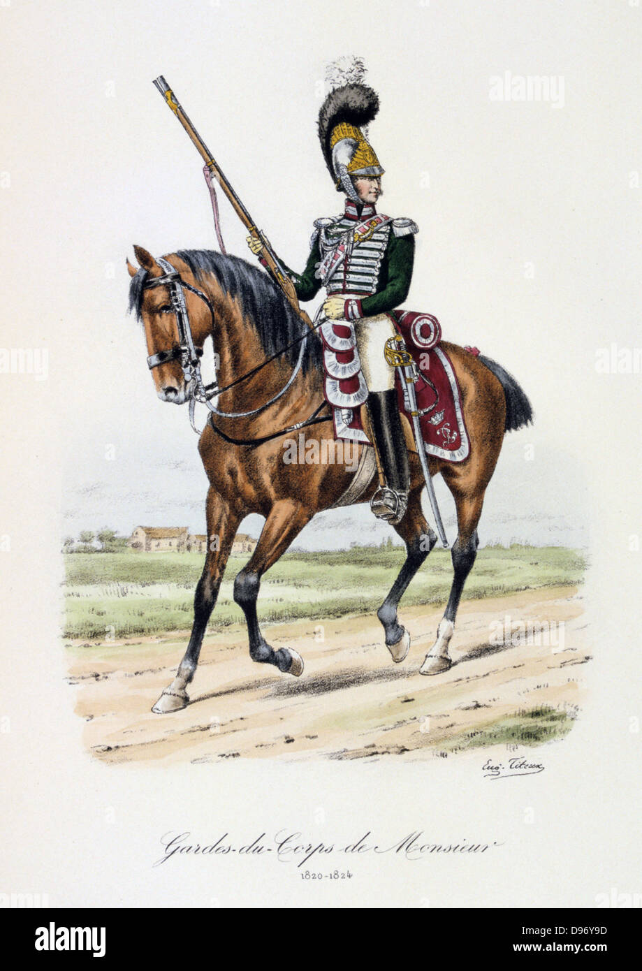 Mounted officerof the bodyguard of the heir to the throne, 1820-1824. From 'Histoire de la maison militaire du Roi de 1814 a 1830' by Eugene Titeux, Paris, 1890. Stock Photo
