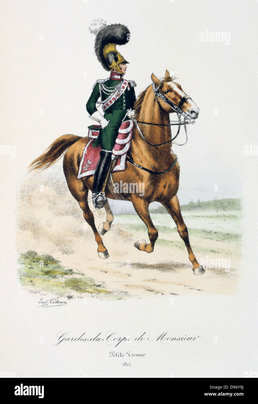 Mounted officerof the bodyguard of the heir to the throne. From 'Histoire de la maison militaire du Roi de 1814 a 1830' by Eugene Titeux, Paris, 1890. Stock Photo