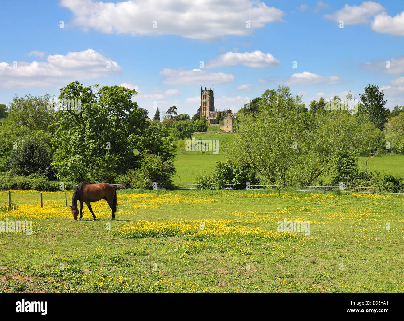 An English Summer Landscape in the Cotswold Hills with Horse and church Stock Photo