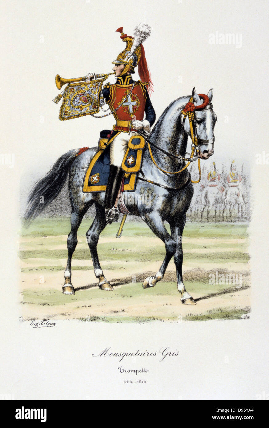 Mounted Trumpeter of the Grey Musketeers, 1814-1815. From 'Histoire de la maison militaire du Roi de 1814 a 1830' by Eugene Titeux, Paris, 1890. Stock Photo