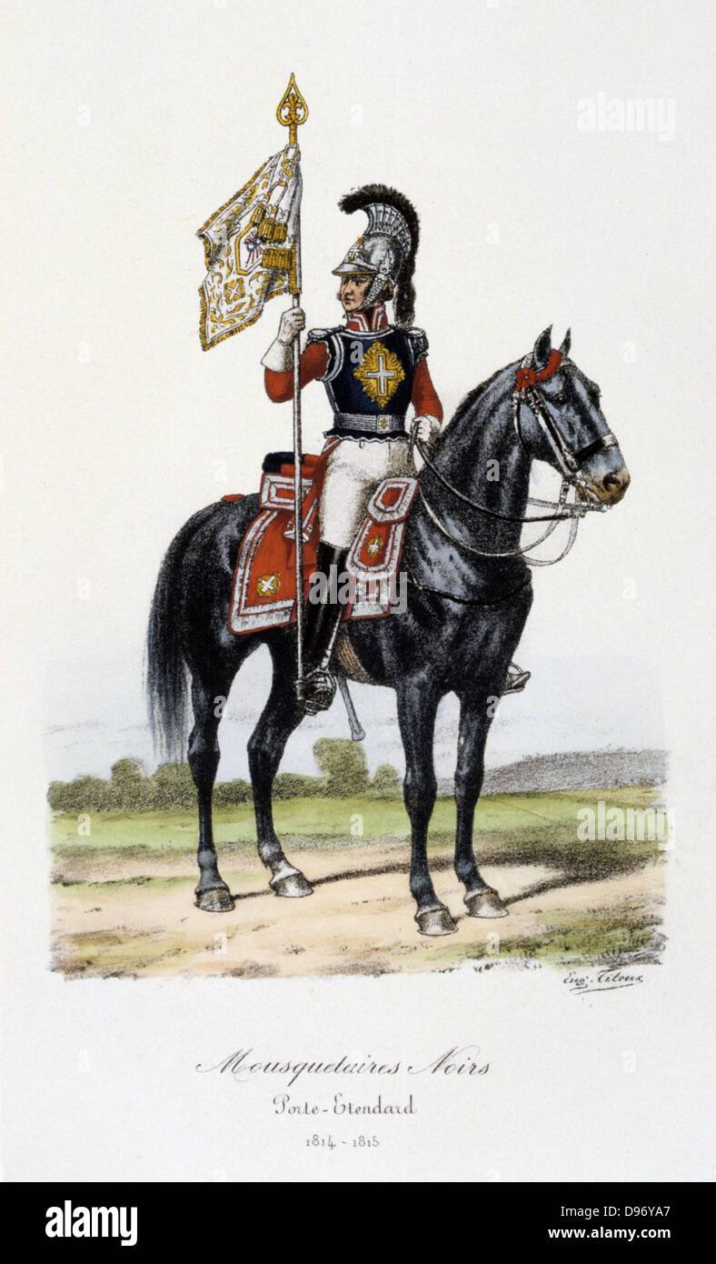 Standard Bearer of the Grey Musketeers, 1814-1815. From 'Histoire de la maison militaire du Roi de 1814 a 1830' by Eugene Titeux, Paris, 1890. Stock Photo