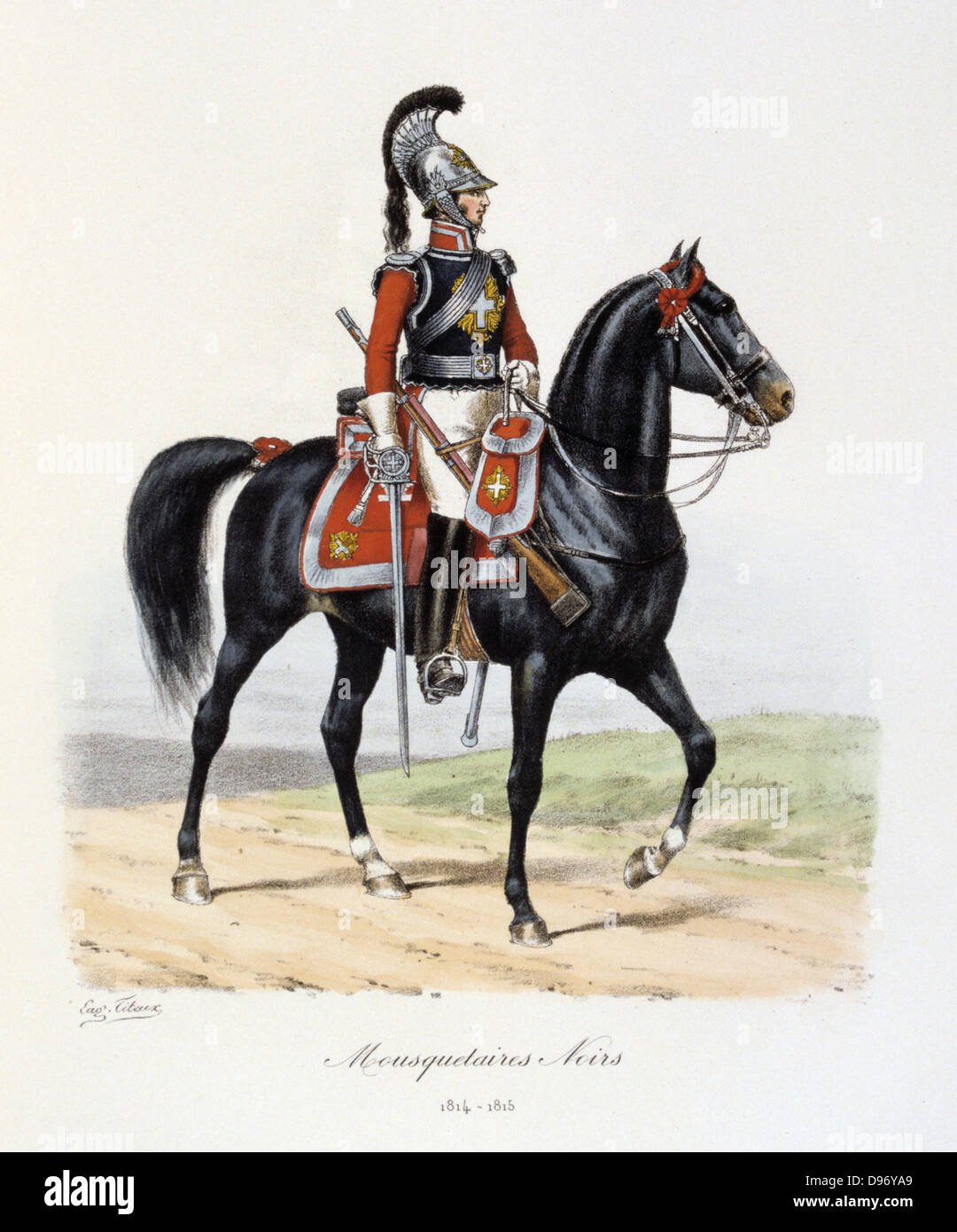 Mounted Black Musketeer, 1814-1815. From 'Histoire de la maison militaire du Roi de 1814 a 1830' by Eugene Titeux, Paris, 1890. Stock Photo