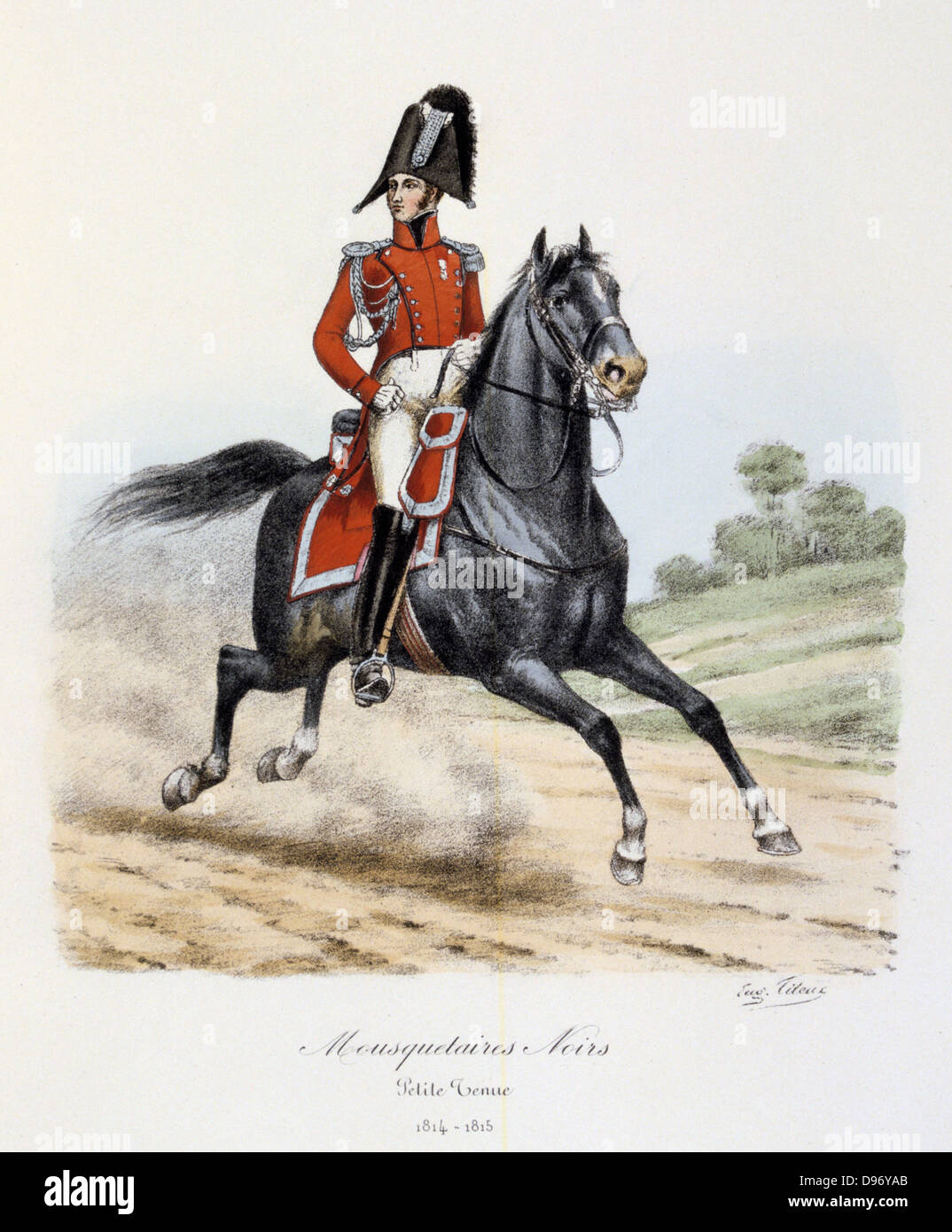 Mounted Black Musketeer, 1814-1815. From 'Histoire de la maison militaire du Roi de 1814 a 1830' by Eugene Titeux, Paris, 1890. Stock Photo