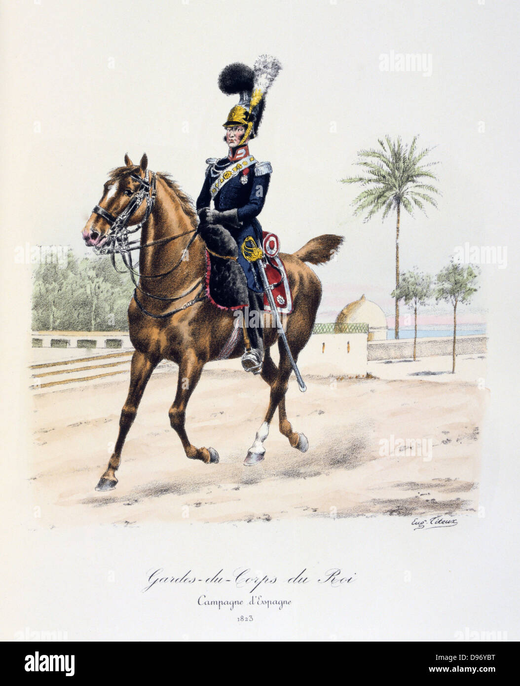 Mounted officer of the Spanish regiment of the Royal guard, 1813. From 'Histoire de la maison militaire du Roi de 1814 a 1830' by Eugene Titeux, Paris, 1890. Stock Photo