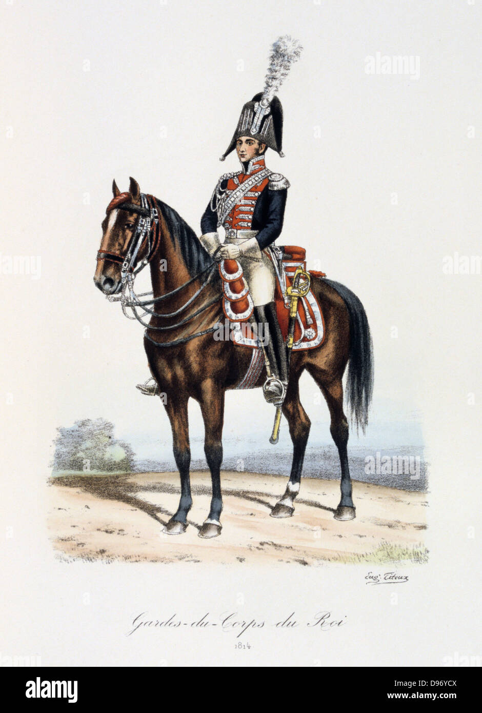 Mounted member of the Royal guard, 1814. From 'Histoire de la maison militaire du Roi de 1814 a 1830' by Eugene Titeux, Paris, 1890. Stock Photo