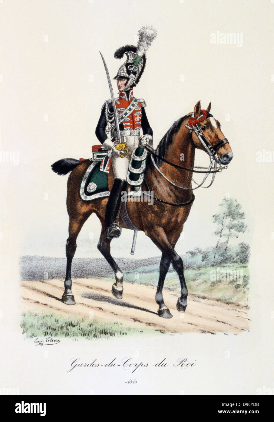 Mounted member of the King's guard, 1815. From 'Histoire de la maison militaire du Roi de 1814 a 1830' by Eugene Titeux, Paris, 1890. Stock Photo
