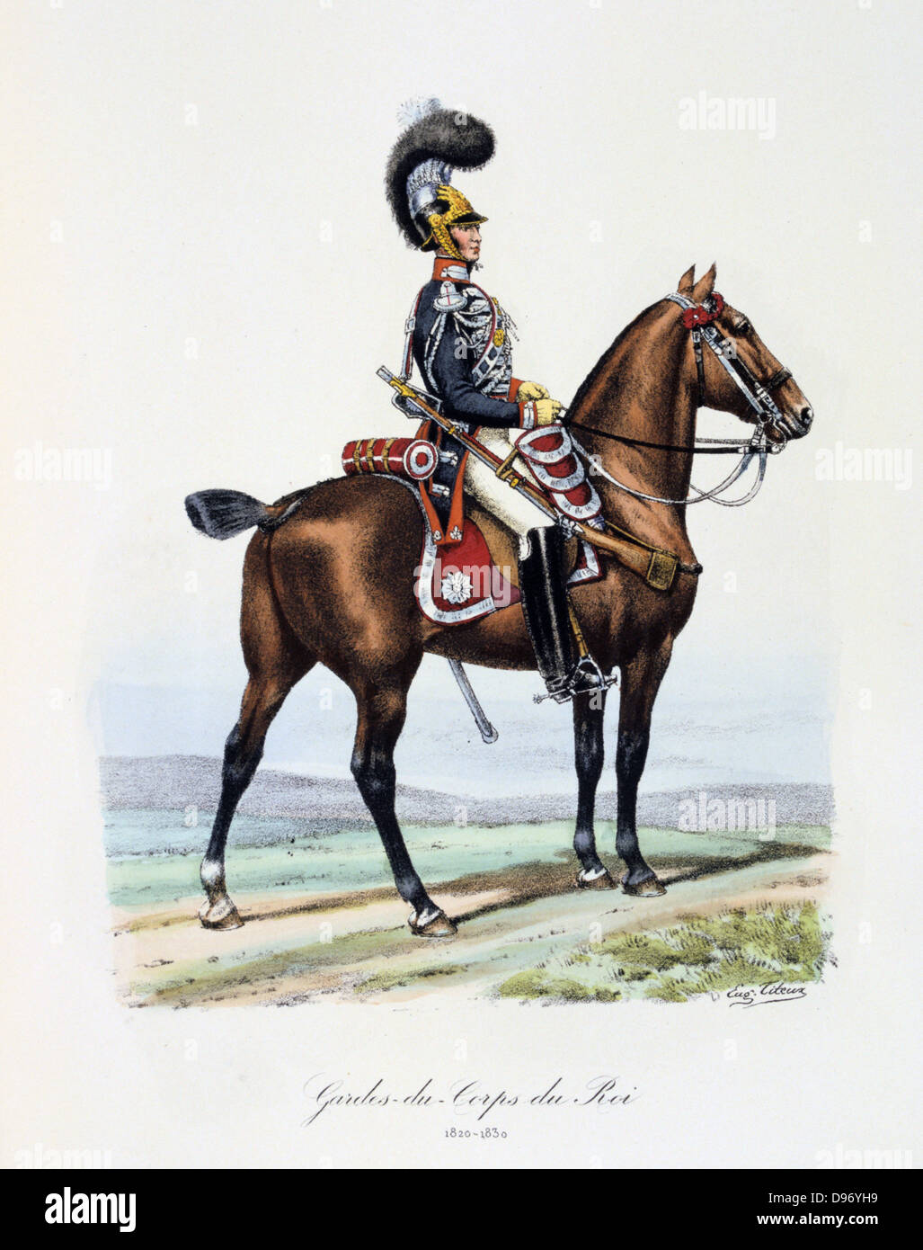 Mounted member of the King's guard, 1820-1830. From 'Histoire de la maison militaire du Roi de 1814 a 1830' by Eugene Titeux, Paris, 1890. Stock Photo