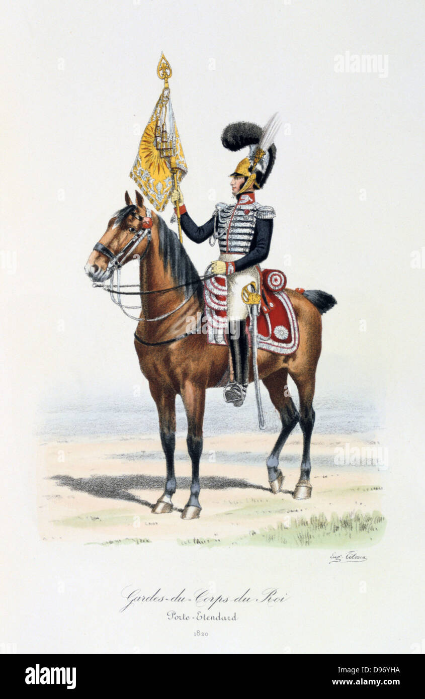 Standard Bearer of the King's guard with the regimental colours, 1820. From 'Histoire de la maison militaire du Roi de 1814 a 1830' by Eugene Titeux, Paris, 1890. Stock Photo