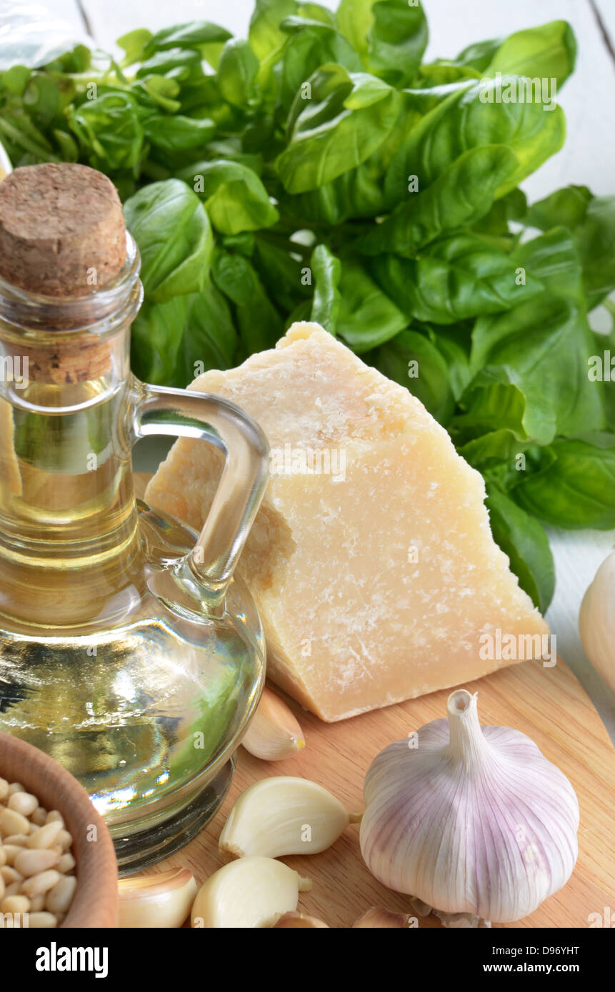 Raw ingredients for pasta pesto on white kitchen table Stock Photo