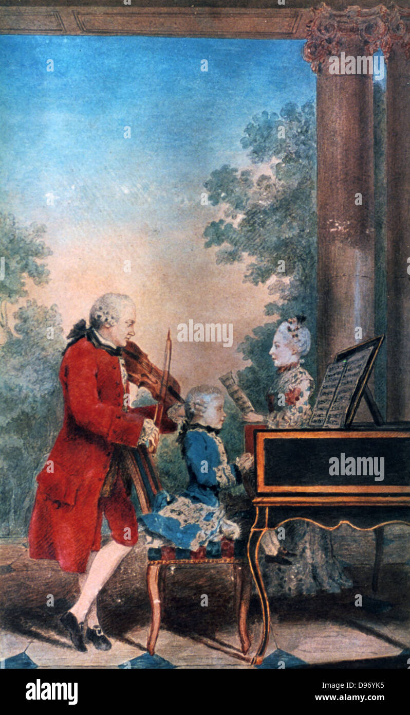 The Mozart family in Paris in 1763. Leopold Mozart (1719-1787) is the violinist, the singer is his daughter Maria Anna (Nannerl) (1751-1829) and his son Wolfgang Amadeus (1756-1791) is at the keyboard. Stock Photo