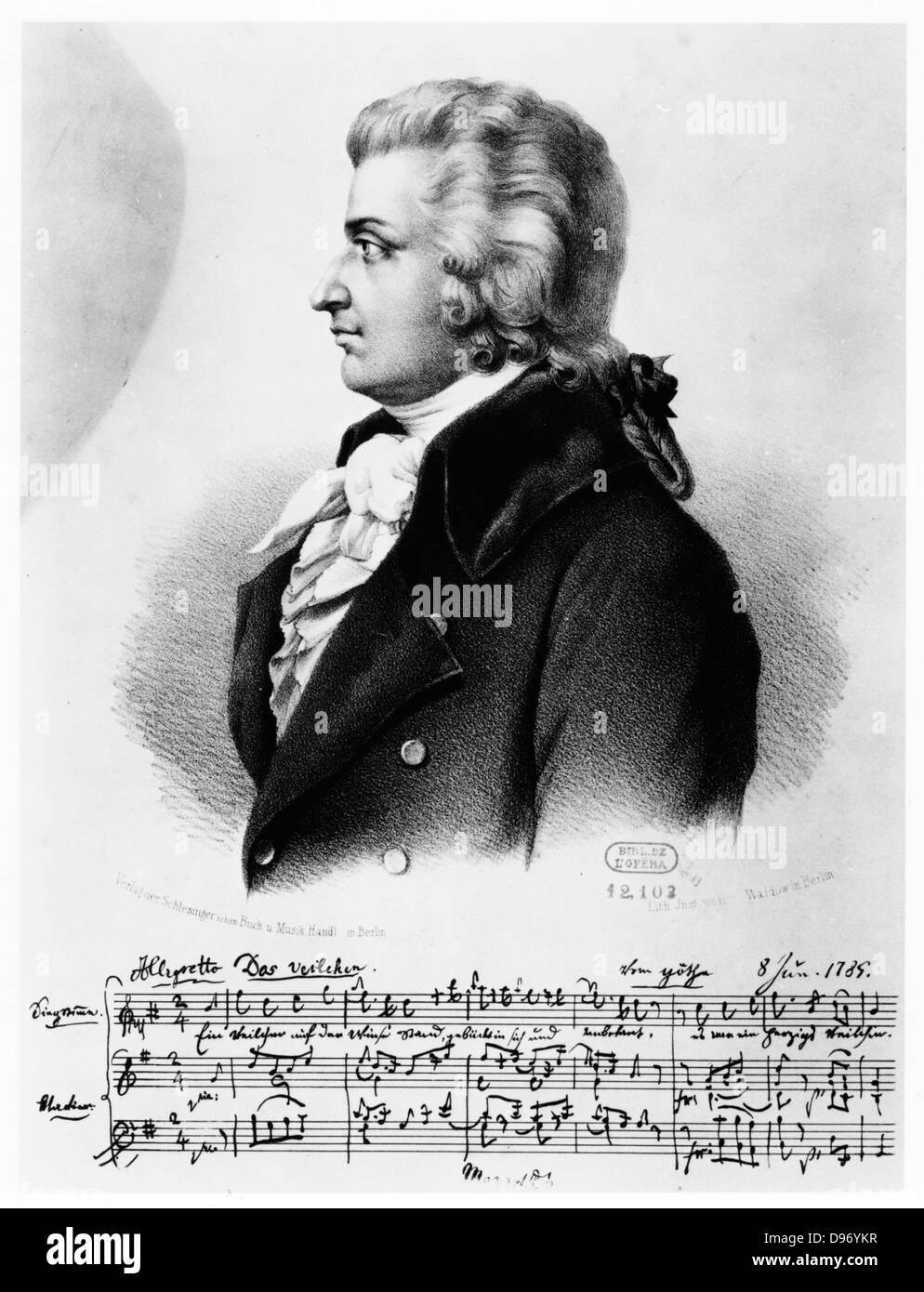 Wolfgang Amadeus Mozart (1756-1791), c1790. The music below the portrait is the beginning of his song 'Das Veilchen' ('The Violet') dated 8 June 1789. Stock Photo