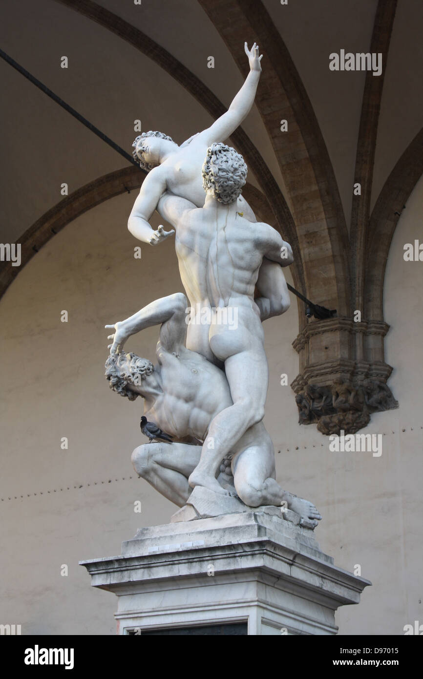 The Rape of the Sabine Women by Giambologna, in the Loggia dei Lanzi in  Florence by Giambologna (1579–1583) This sculpture is considered  Giambologna's masterpiece. The Rape of the Sabine Women is an