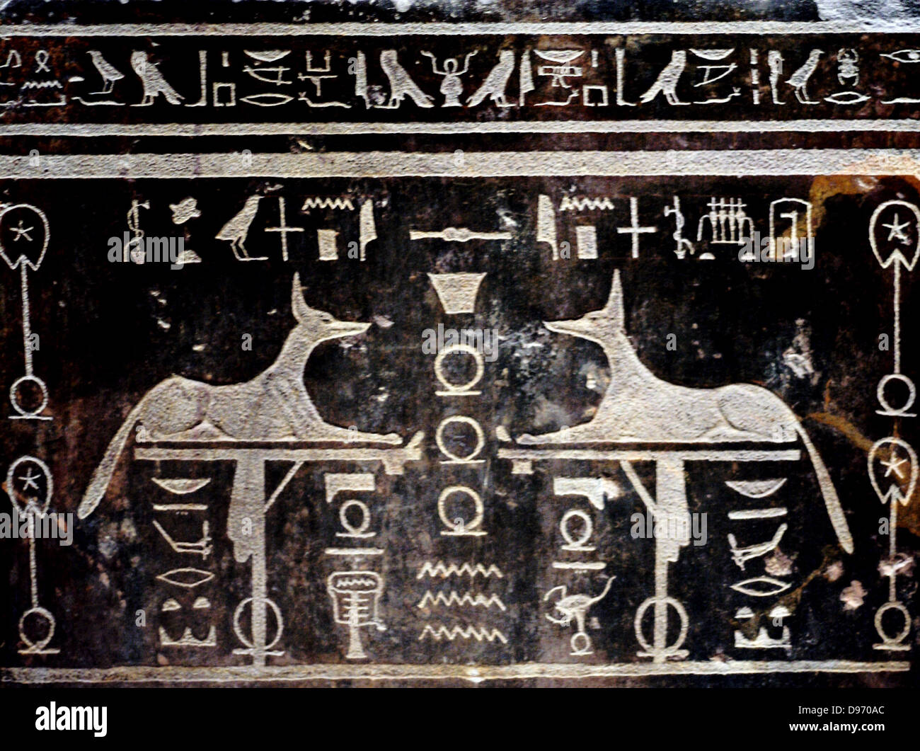 Sarcophagus of Anch-Hor with illustrations of daemons of the Netherworld. , 746-332 BC Memphis Granodiorite Stock Photo