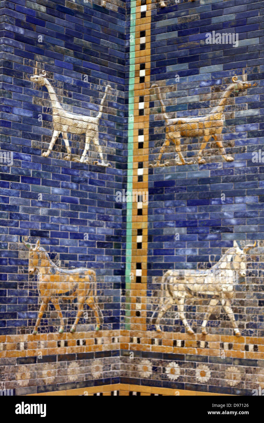 Ishtar Gates, Babylon plus details showing palms, lions and animals. Stock Photo