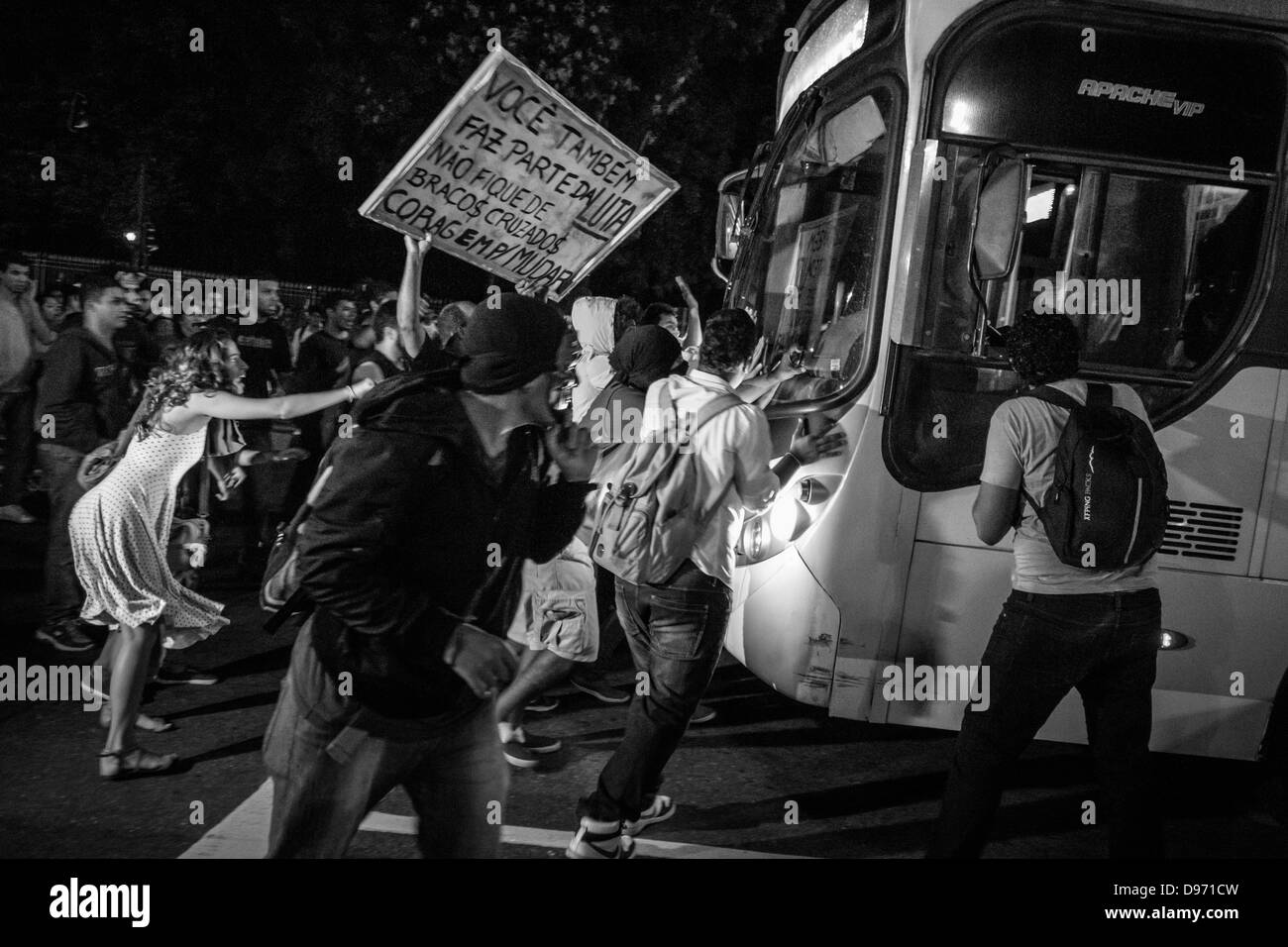 Youth during manifesto against increased bus fare in Rio de Janeiro (10/06/13) Stock Photo