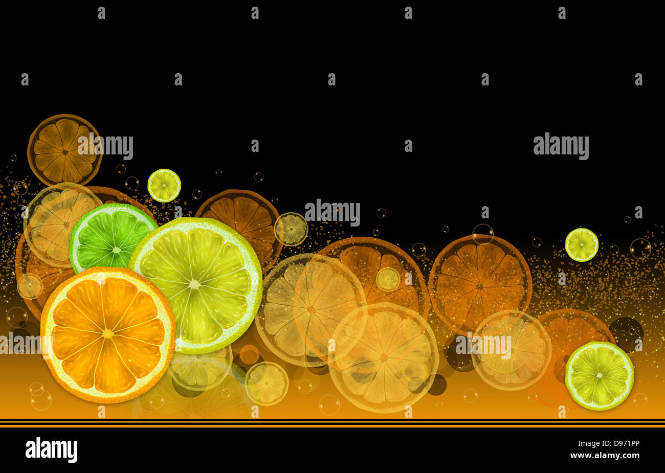Bright illustration on a black background of oranges, lemons, limes and ...