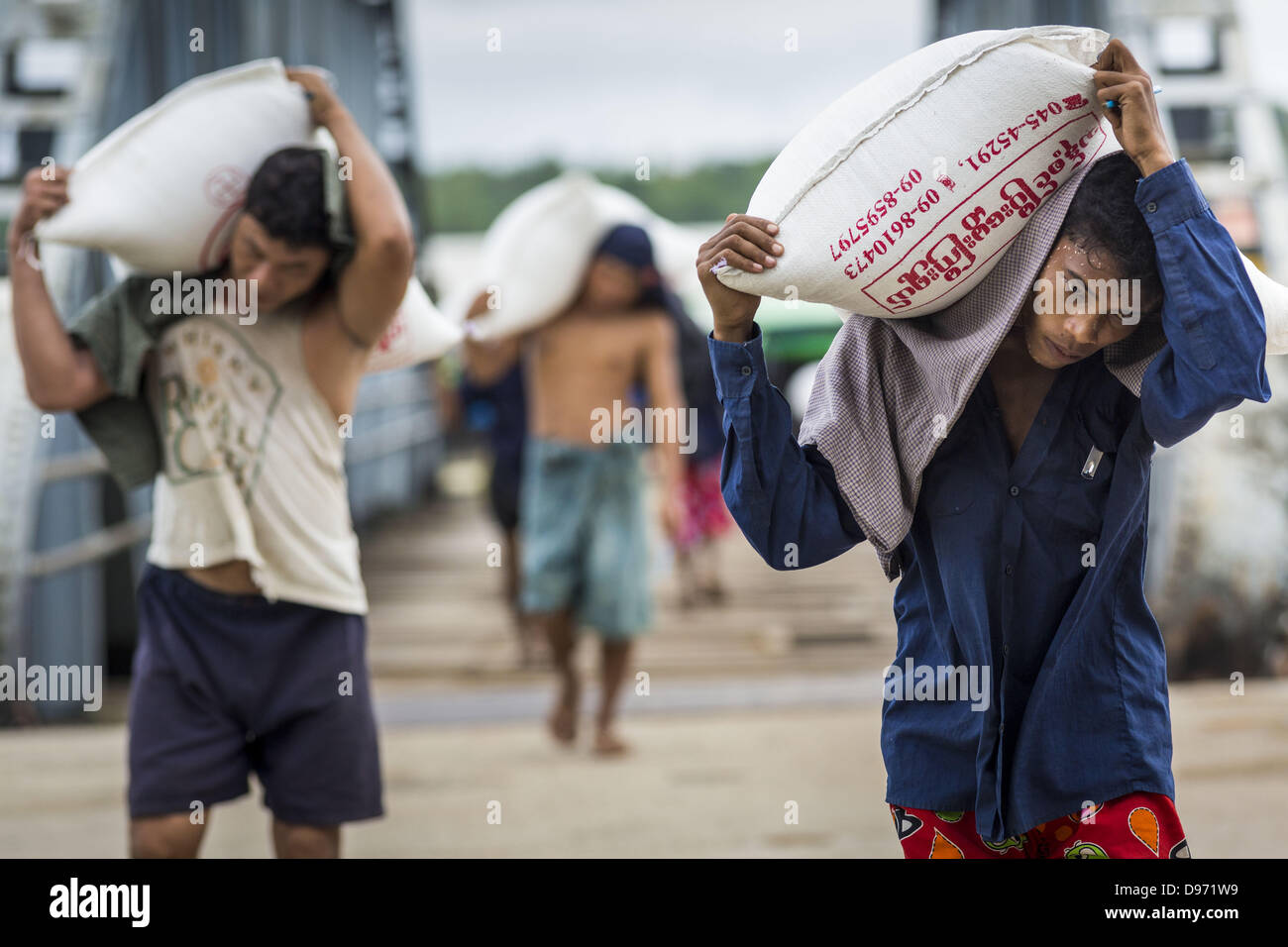 June 12, 2013 - Yangon, Union of Myanmar - Steverdores unload rice ...