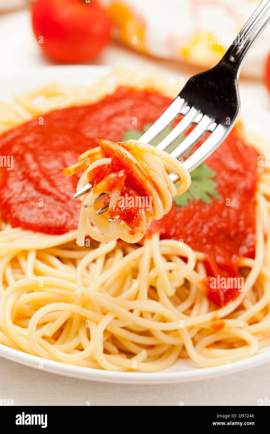 Organic Whole Grain Pasta with tomato sauce Stock Photo