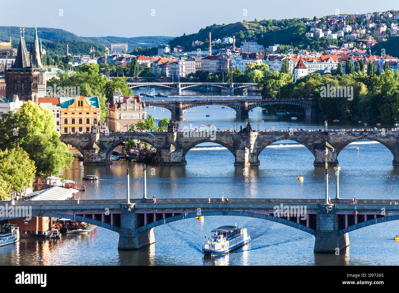 View of Prague and bridges over river Vltava (Moldau) Czech Republic. Famous Charles Bridge is second from bottom. Stock Photo