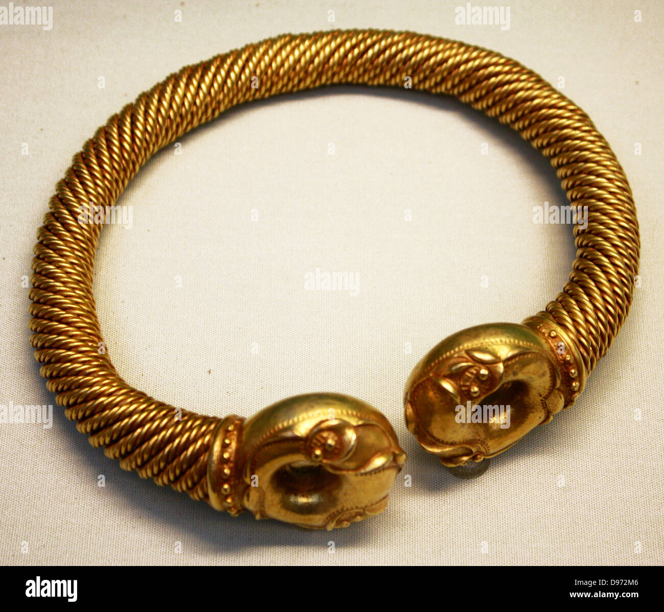 Gold and silver-alloy tore. Near Newark, Nottinghamshire. About 100-50 BC. This tore was discovered by a metal detectors' 2005. It is thought that it was deliberately placed in a specially dug hole, perhaps as an offering to the gods. Torcs were worn around the neck and were probably worn on a special occasions like a mayoral chain. Stock Photo