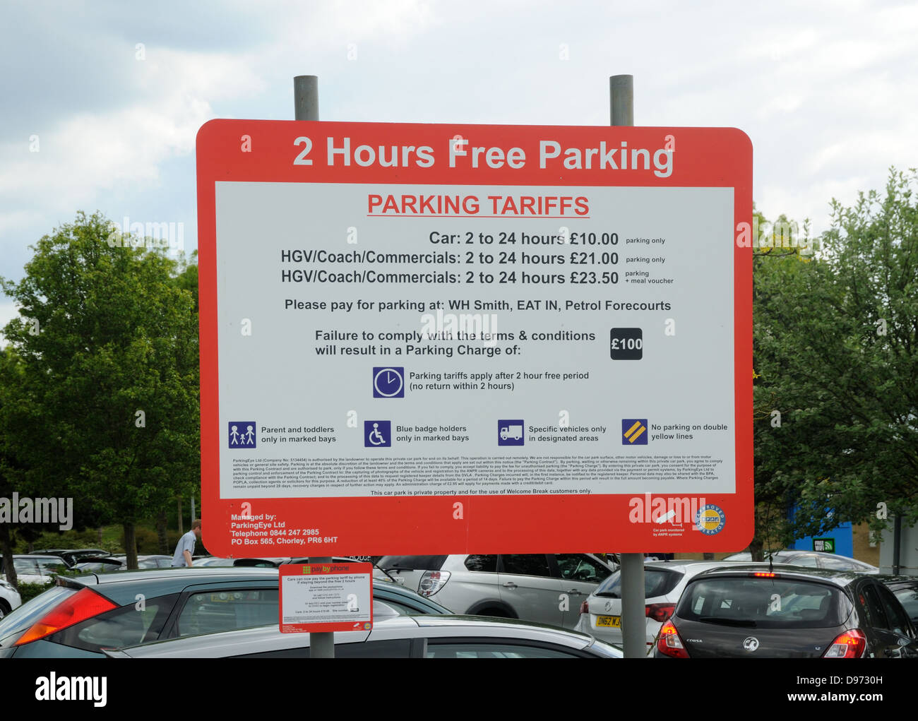 Sign listing parking tariffs at Break's Oxford Services, near
