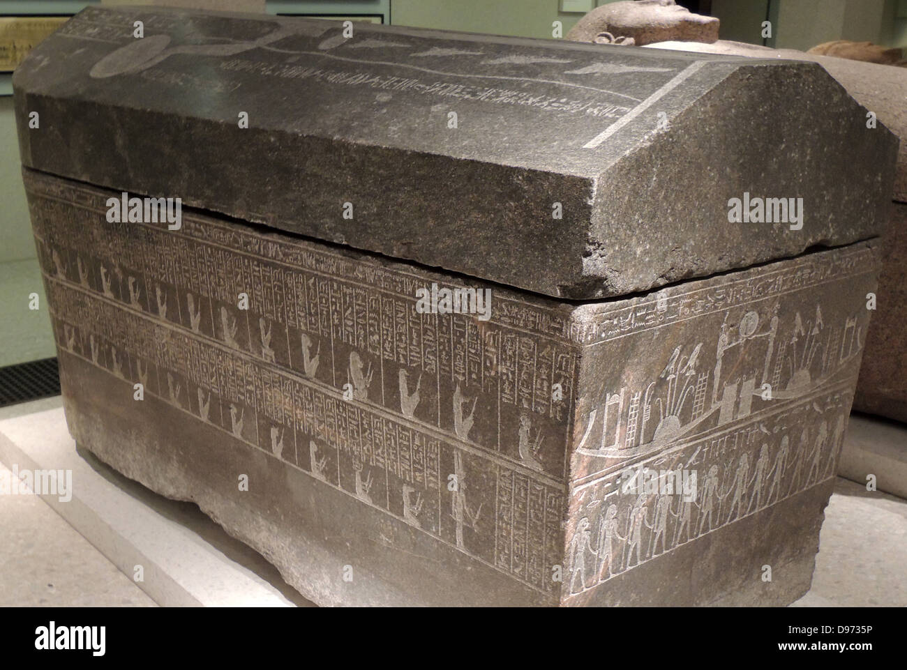 Sarcophagus of the general Pedi iset, 746-332 BC granite Sarcophagus of Anch-Hor with illustrations of daemons of the Netherworld, 746-332 BC Memphis Granodiorite. Stock Photo