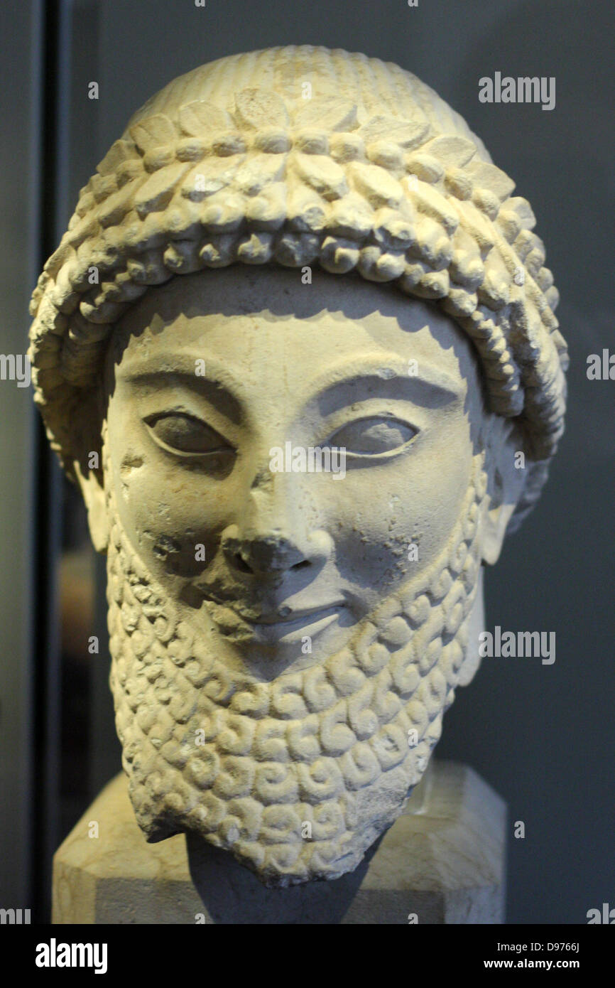 Heads of male statues Limestone Found in various localities, Cyprus 5th century BC Stock Photo