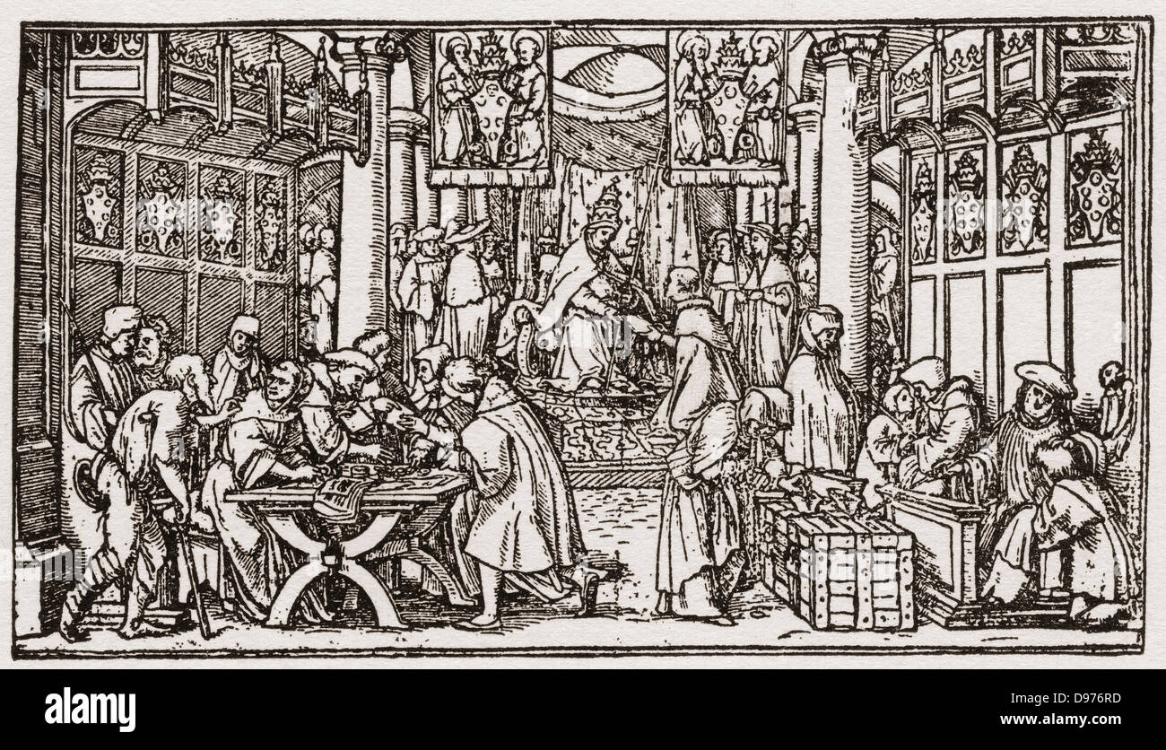 A sale of Indulgences during the Tudor period in England. Indulgences were pardons for sins, sold by the Catholic church. Stock Photo