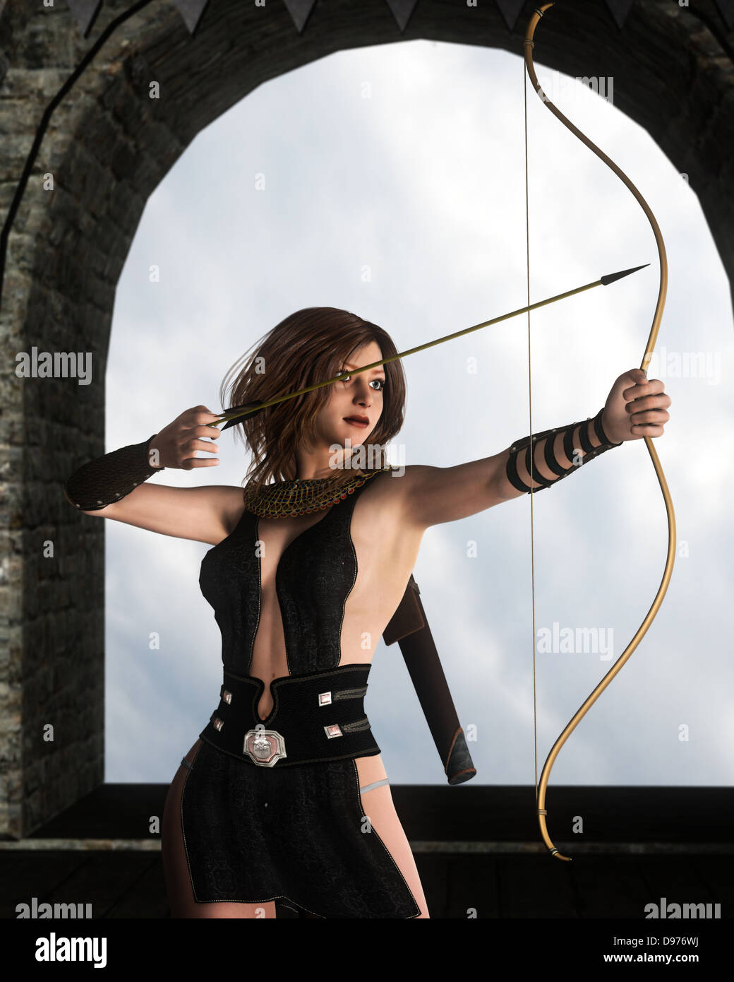 Female warrior drawing bow Stock Photo