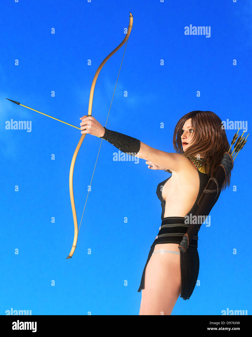 Female warrior drawing bow Stock Photo