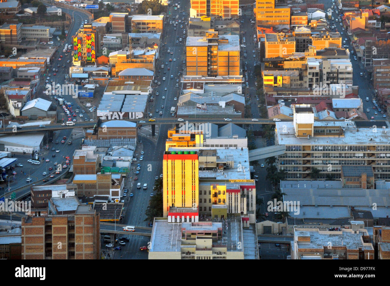 A view of the streets of Johannesburg seen from the top of a tall skyscraper. Stock Photo