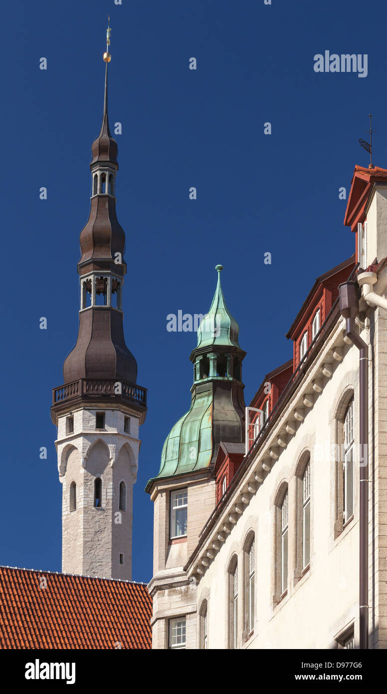 Old Tallinn street fragment with tall town hall tower Stock Photo
