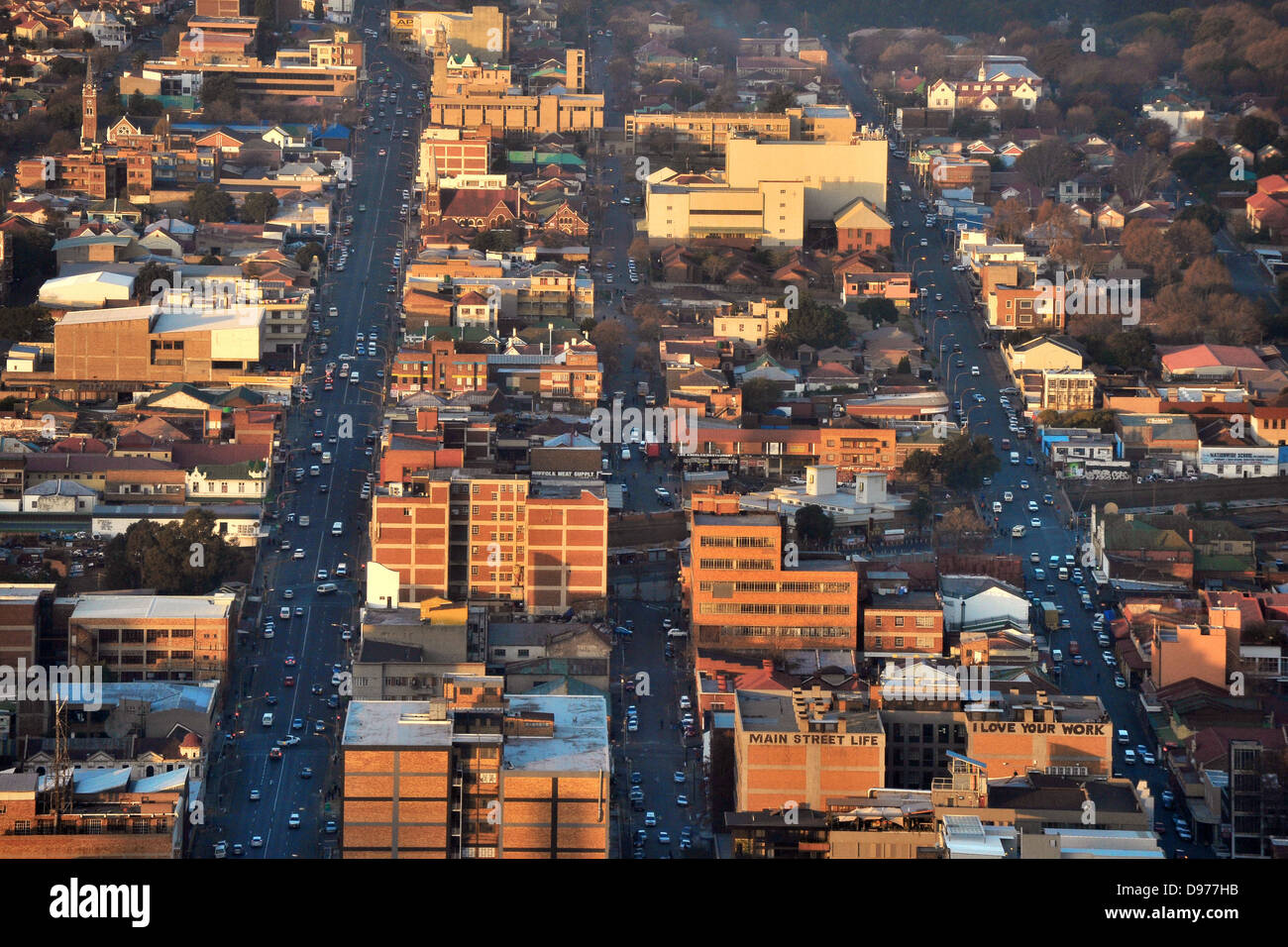A view of the streets of Johannesburg seen from the top of a tall