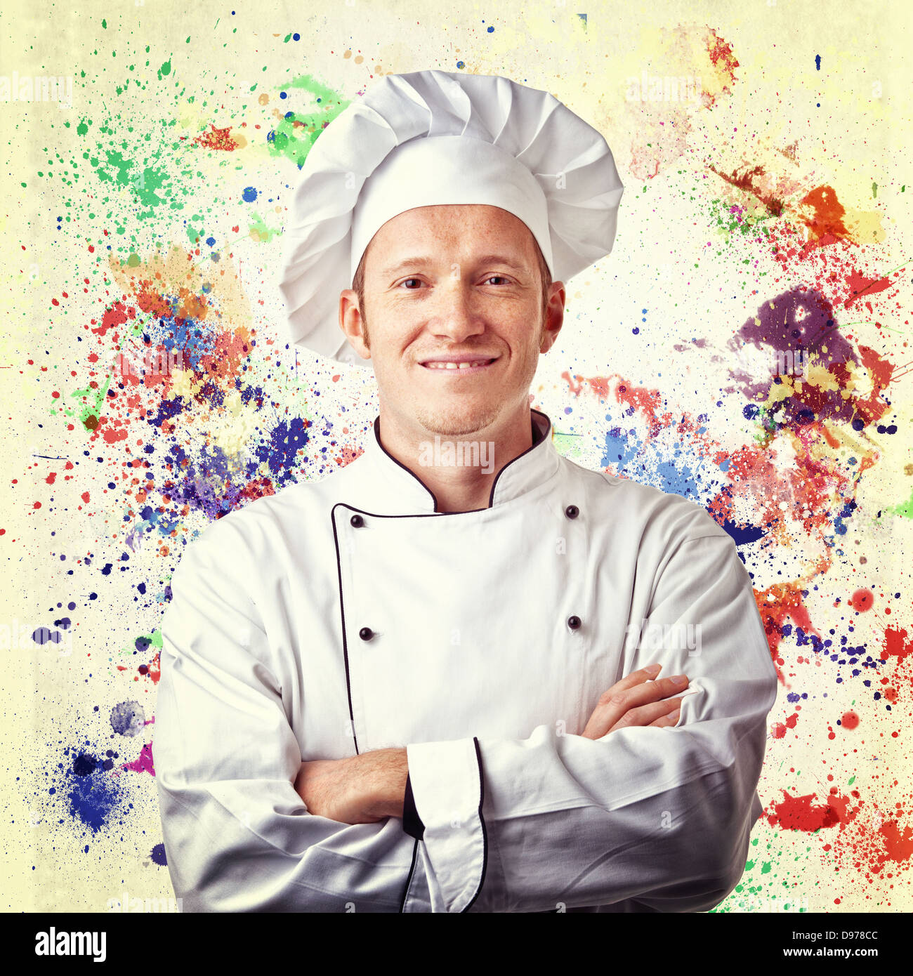 smiling chef and paint background Stock Photo Alamy