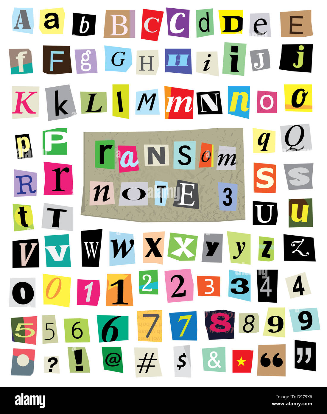 Cut newspaper and magazine letters, numbers, and symbols. Mixed upper