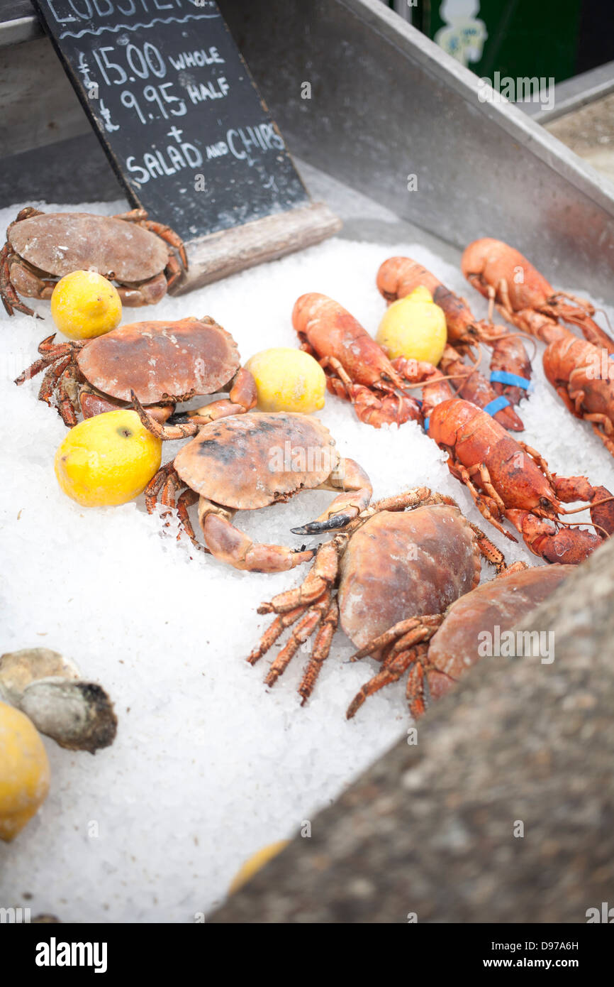 fresh cooked crabs and lobsters displayed for sale on ice with lemons