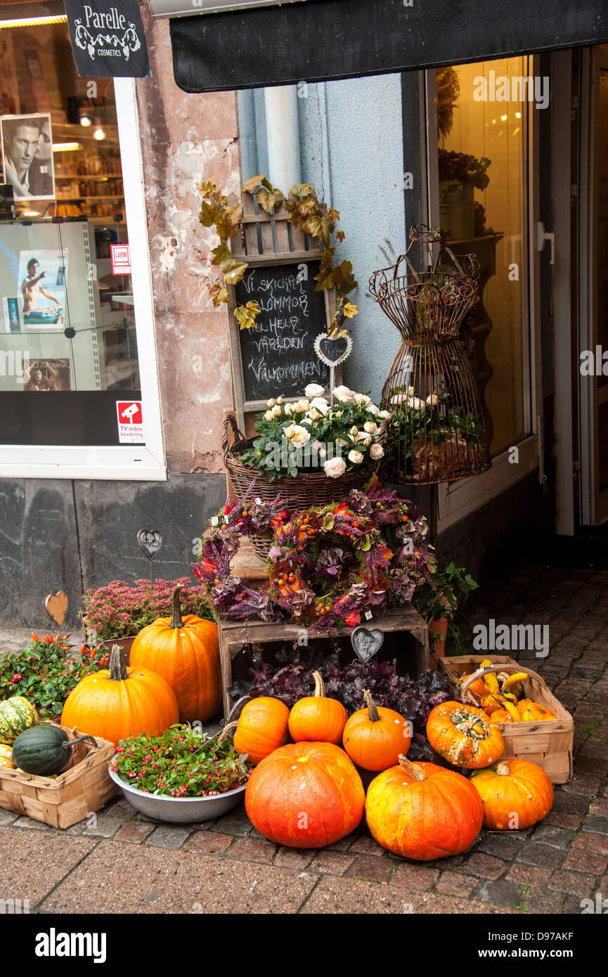 Pumpkins displayed on a shopping street in Ystad Sweden Stock Photo