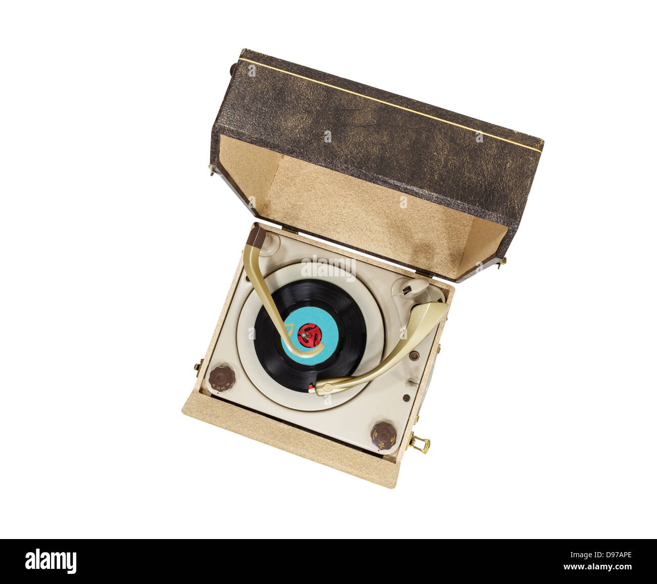 Vintage turntable record player box isolated with clipping path. Stock Photo