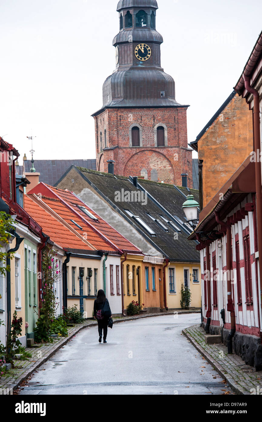 Typical street, Lilla Västergatan, in the small town of Ystad in south Sweden, the home of detective Kurt Wallander Stock Photo