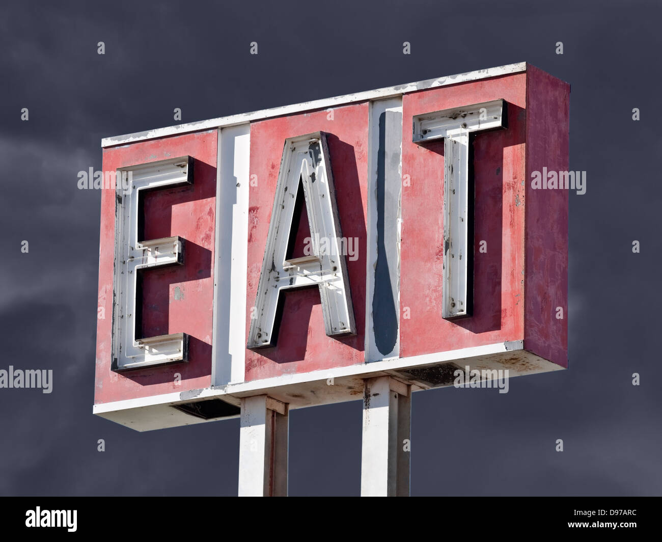 Museum Sign Eat Retro faded eat sign with thunderstorm sky Stock Photo - Alamy