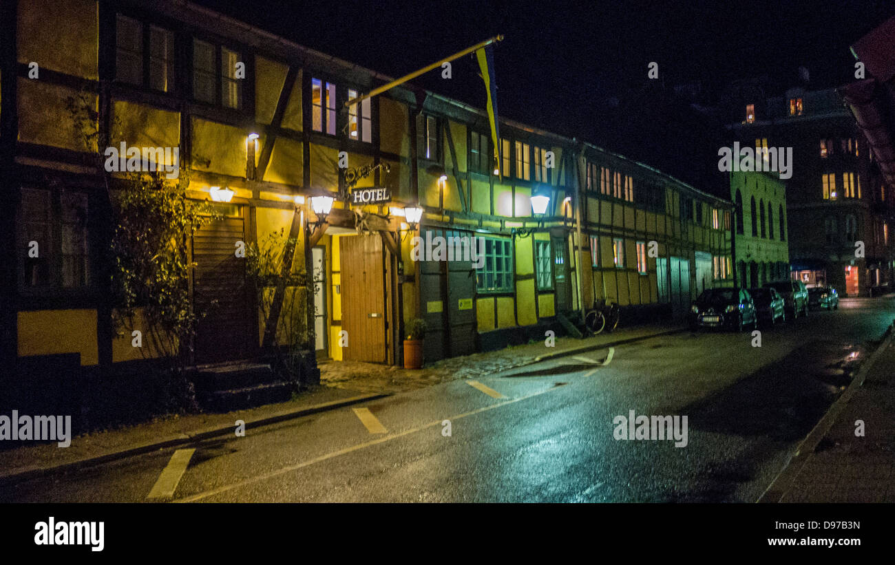 Nighttime in a typical street in the small town of Ystad in south Sweden, the home of detective inspector Kurt Wallander Stock Photo